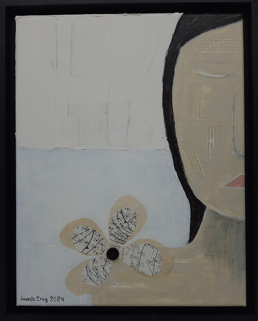 Original mixed media art depicting face with a flower collage and plaster elements. By Amanda Craig.