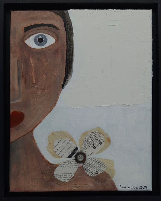 Original mixed media art depicting face with a flower and plaster elements. By Amanda Craig.