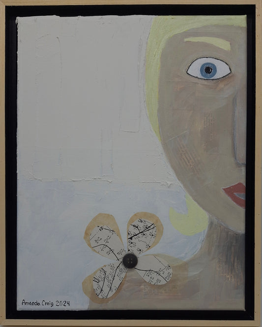 Original mixed media art depicting face with a flower collage and plaster elements. By Amanda Craig.