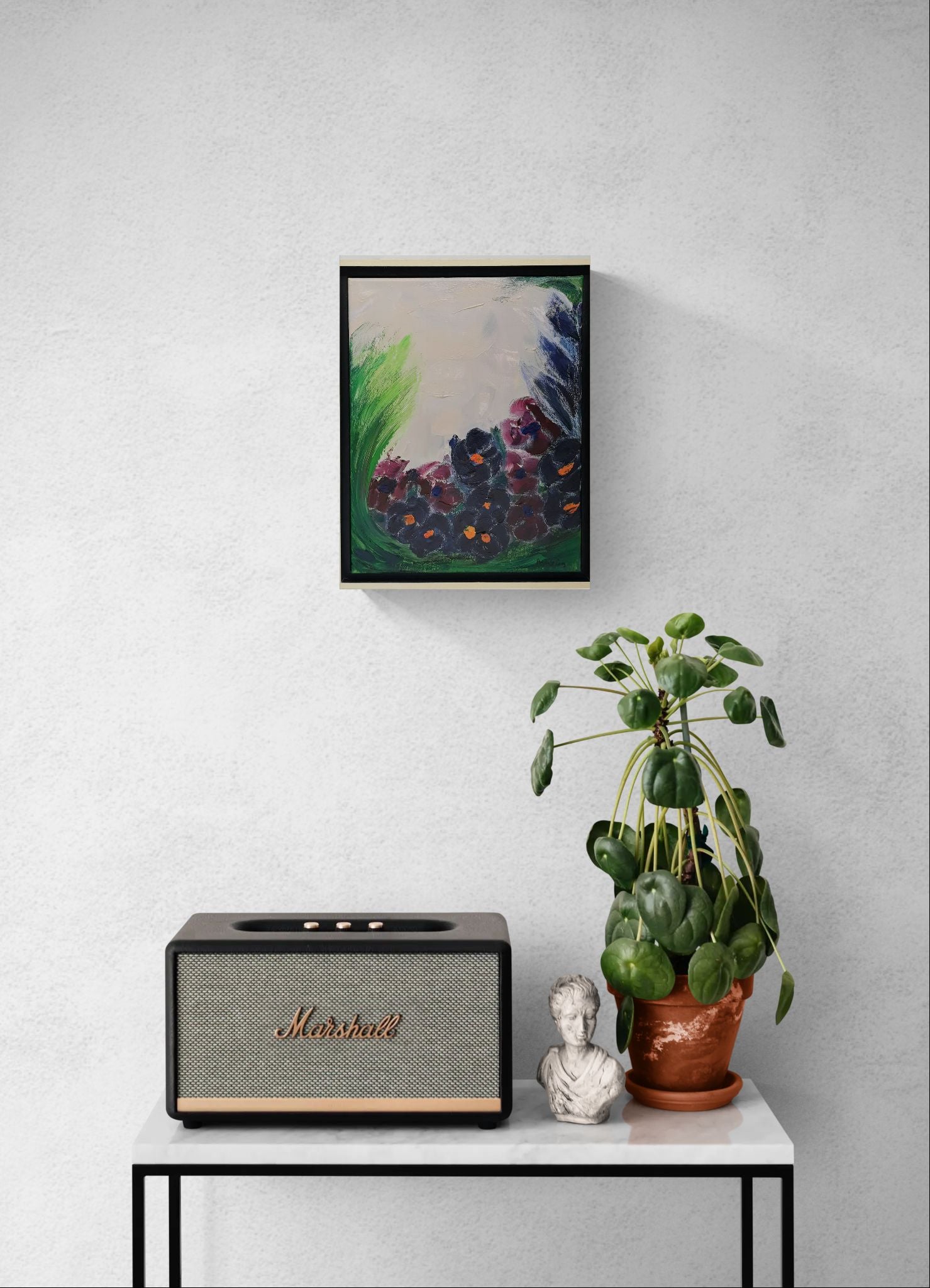 "As a Flower of the Field" original framed wall art of flowers in a field by Amanda Craig, Little Haven Art Studio, hanging in hallway above console table with plant.