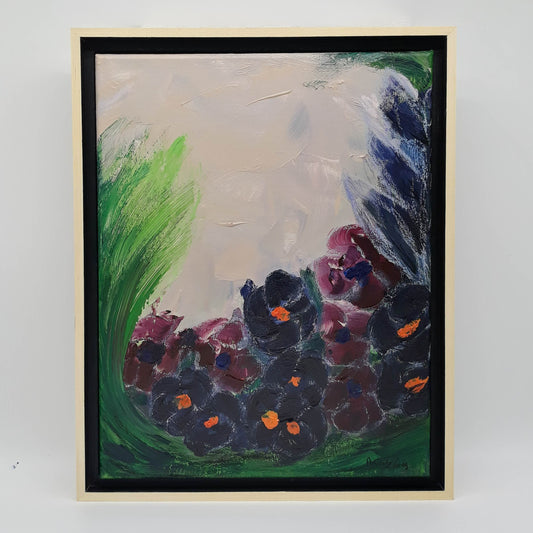 Original framed mixed media art of flowers in a field by Amanda Craig, Little Haven Art Studio.