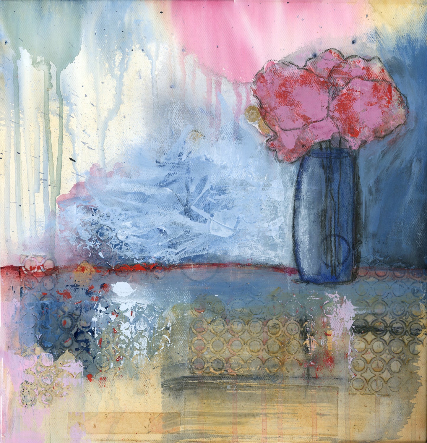 Original mixed media art by Little Haven Art Studio depicting vibrant flowers in vase in red, pink, green, blue, and yellow. By Amanda Craig.