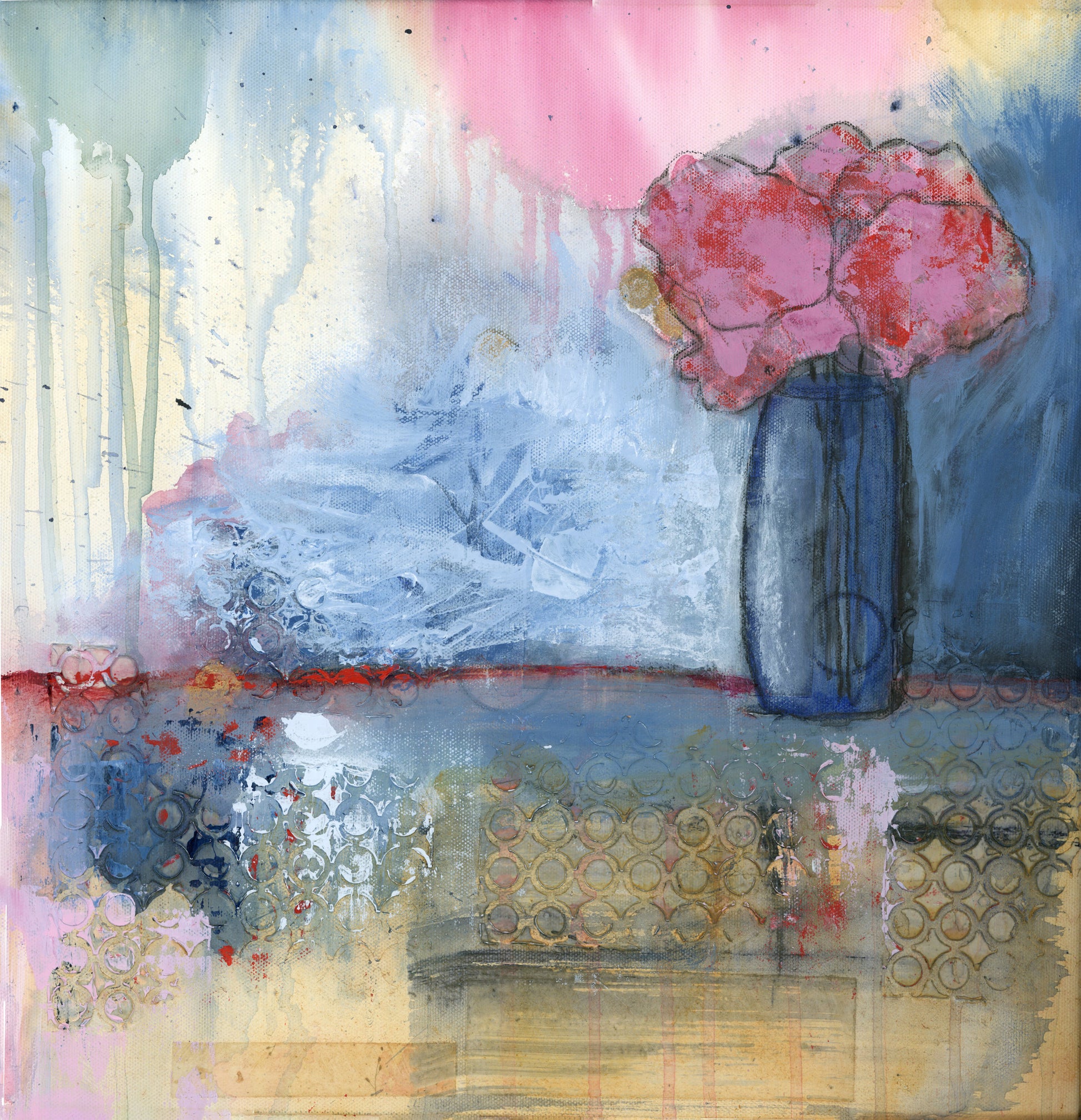 Original mixed media art by Little Haven Art Studio depicting vibrant flowers in vase in red, pink, green, blue, and yellow. By Amanda Craig.