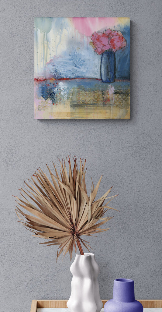 Original mixed media art by Little Haven Art Studio depicting vibrant flowers in vase in red, pink, green, blue, and yellow. By Amanda Craig.