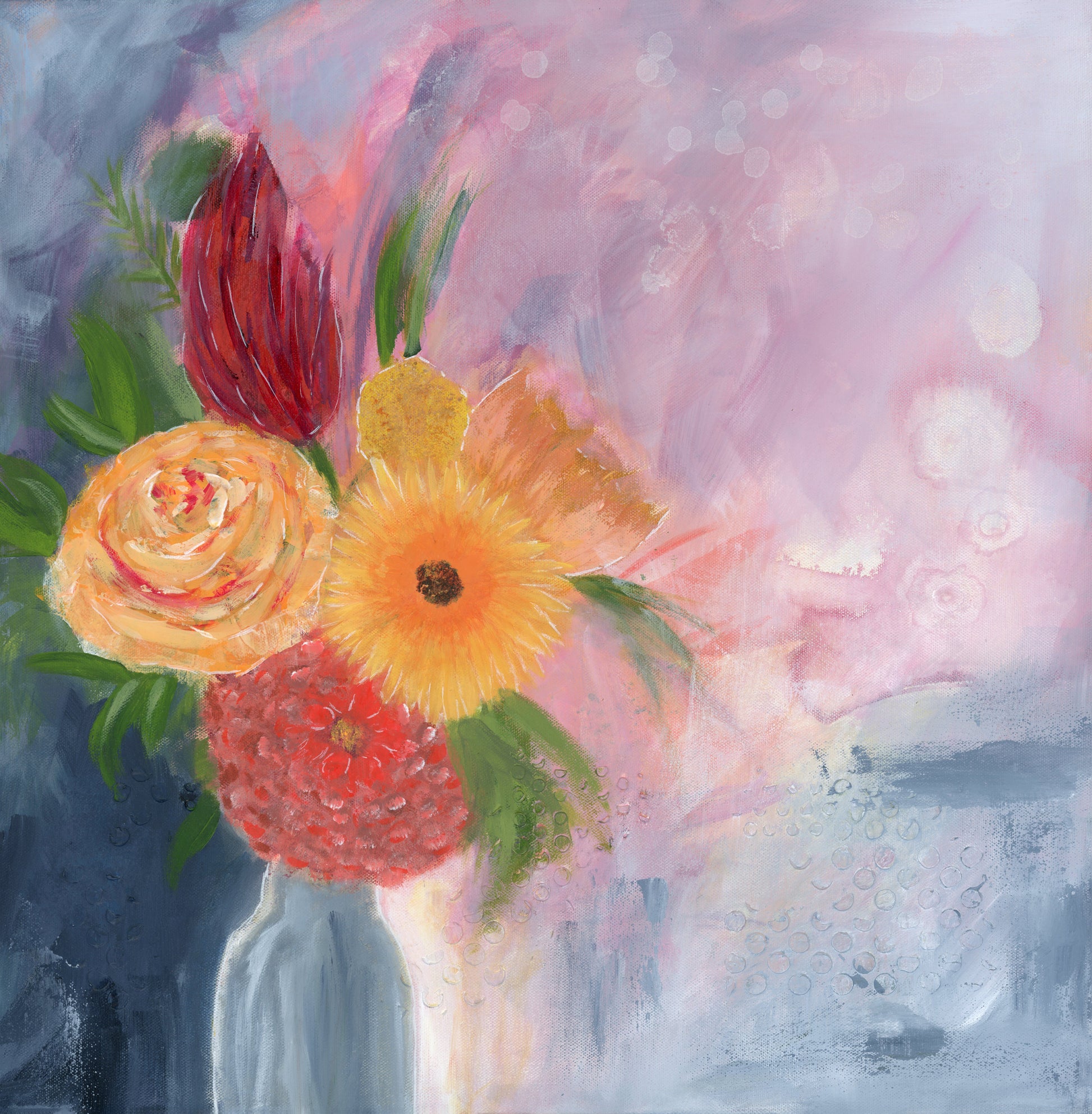 Original mixed media art by Little Haven Art Studio depicting vibrant flowers in vase in red, pink, purple, blue, green, and yellow. By Amanda Craig.