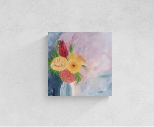 Original mixed media wall art, titled "Beautifully You" by Little Haven Art Studio, with vibrant flowers in blue vase in red, pink, purple, blue, green, and yellow.