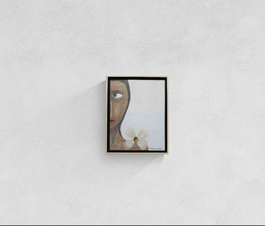 Original mixed media wall art, titled "Anger" in the Beauty for Ashes series by Little Haven Art Studio, depicting half of an angry face, with flower collage and plaster elements. 