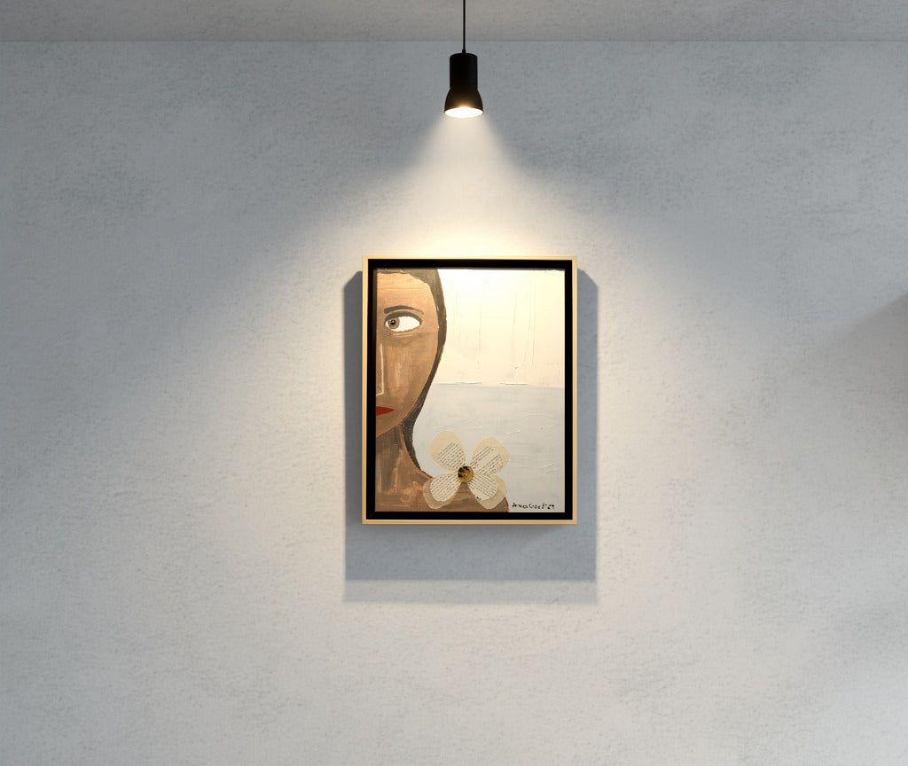 Original mixed media wall art, titled "Anger" in the Beauty for Ashes series by Little Haven Art Studio, depicting half of an angry face, with flower collage and plaster elements, hanging under spotlight.