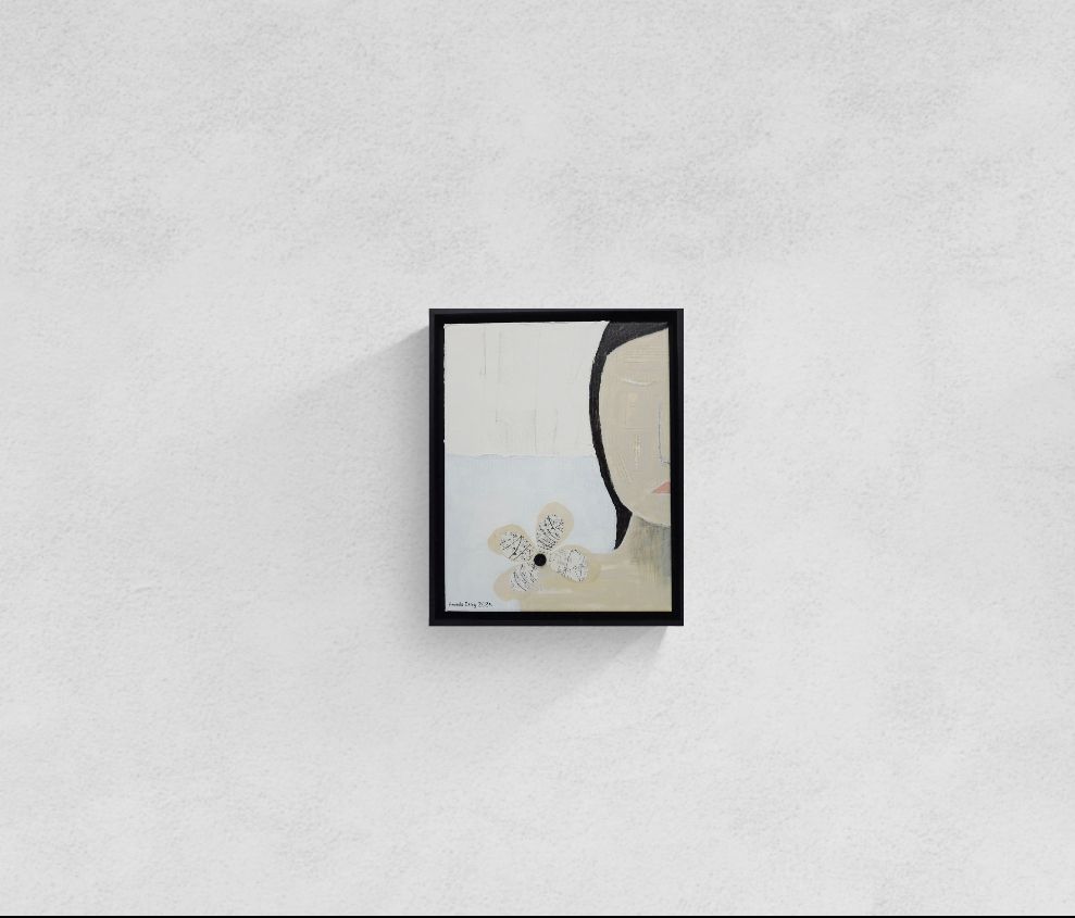 Original mixed media wall art, titled "Guilt" in the Beauty for Ashes series by Little Haven Art Studio, depicting half of a face displaying guilty feelings, with flower collage and plaster elements. 