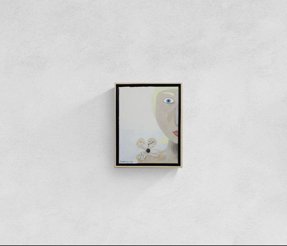 Original mixed media wall art, titled "Shock" in the Beauty for Ashes series by Little Haven Art Studio, depicting half of a face displaying feelings of shock in grief, with flower collage and plaster elements. 