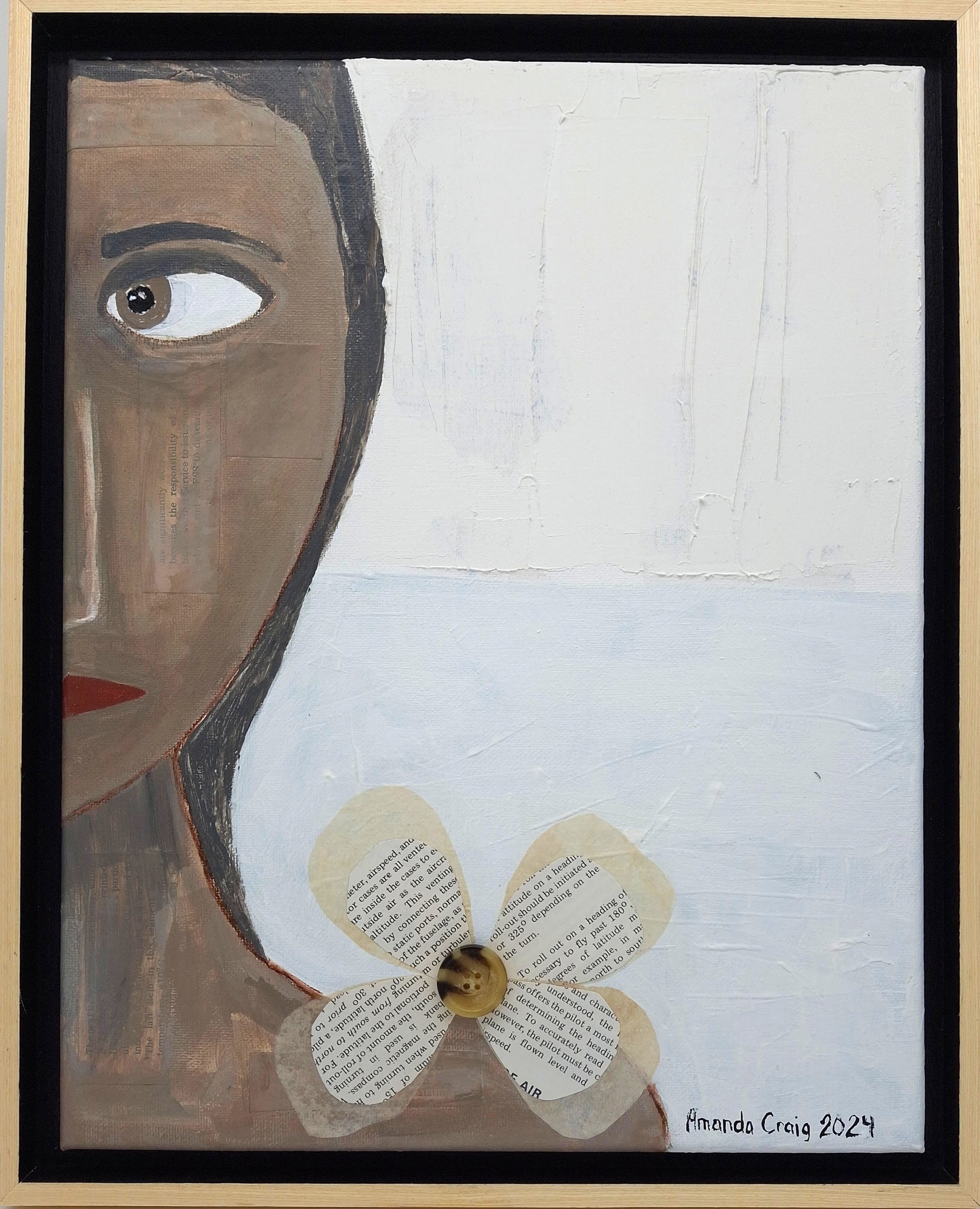 Original mixed media wall art, titled "Anger" in the Beauty for Ashes series by Little Haven Art Studio, depicting half of an angry face, with flower collage and plaster elements. 