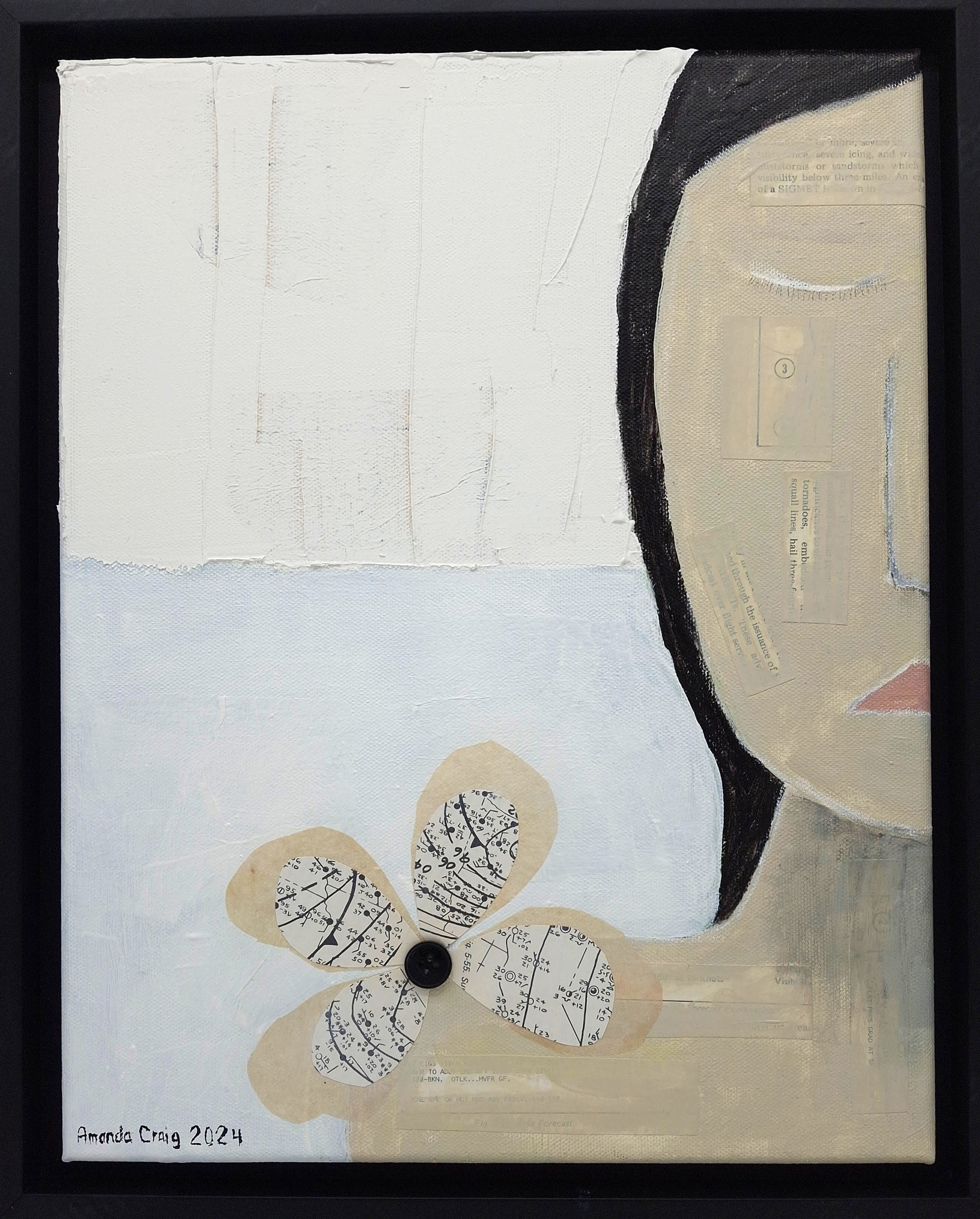 Original mixed media wall art, titled "Guilt" in the Beauty for Ashes series by Little Haven Art Studio, depicting half of a face displaying guilty feelings, with flower collage and plaster elements. 