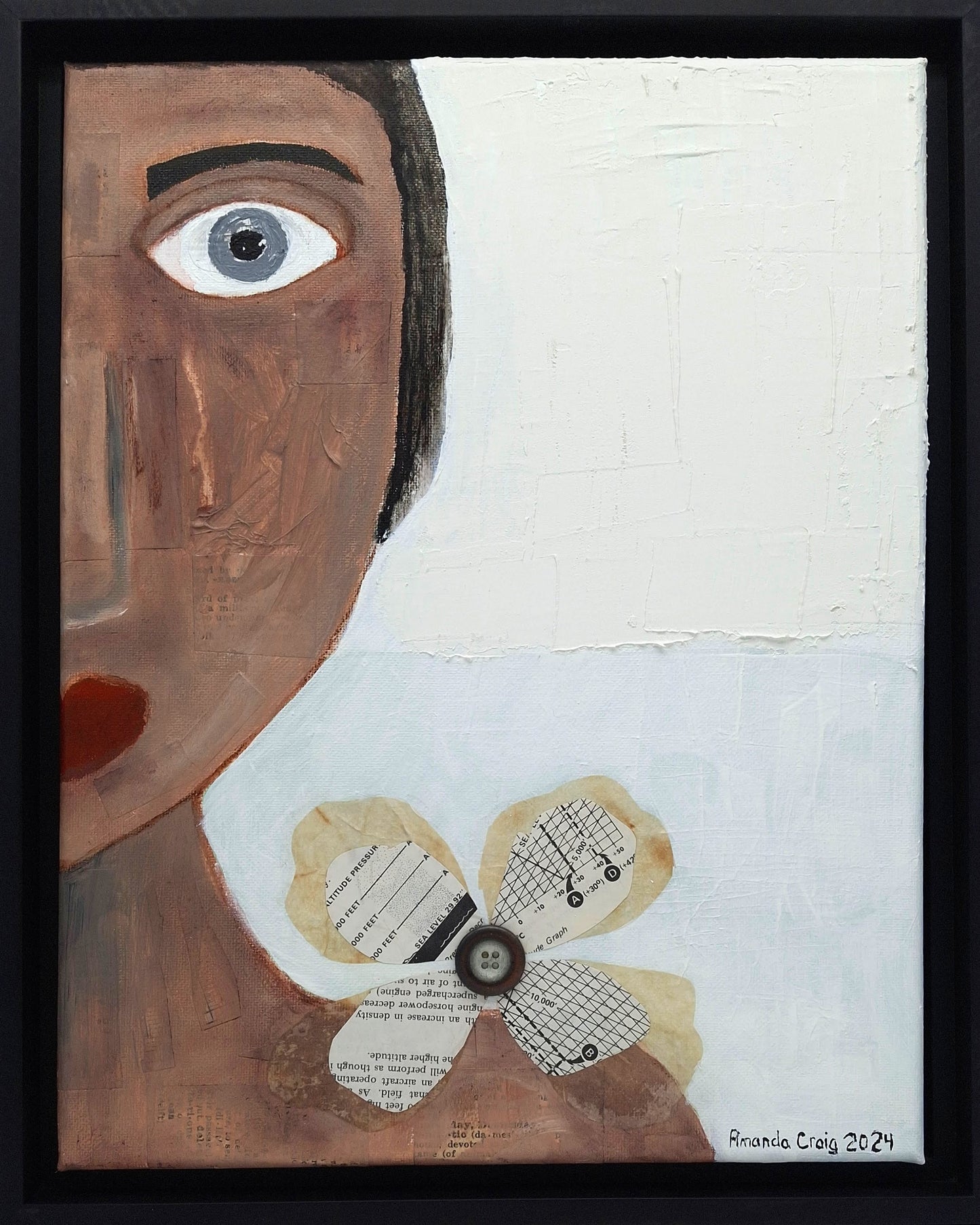 Original mixed media wall art, titled "Sadness" in the Beauty for Ashes series by Little Haven Art Studio, depicting half of a face displaying sad feelings with a tear, with flower collage and plaster elements. 