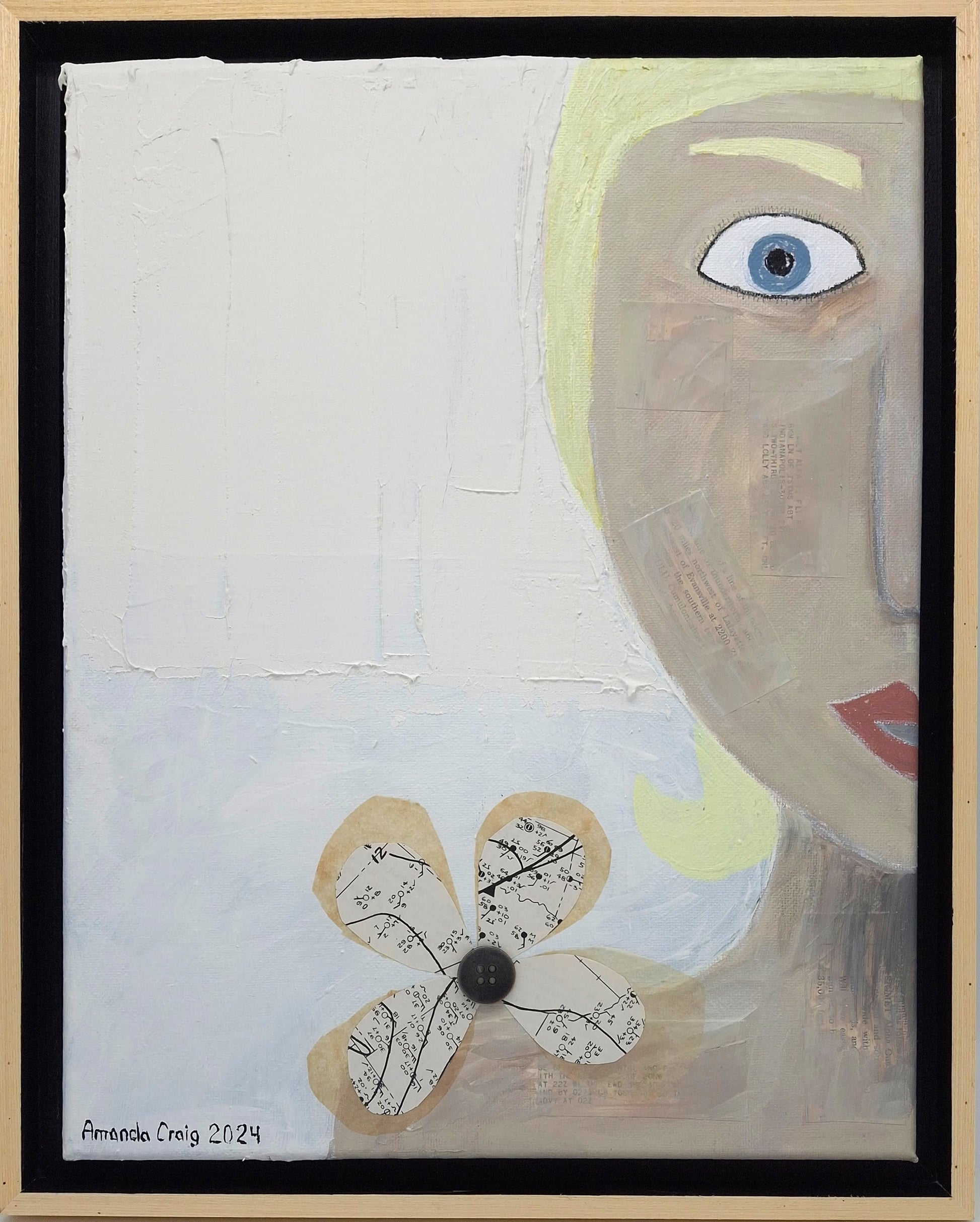 Original mixed media wall art, titled "Shock" in the Beauty for Ashes series by Little Haven Art Studio, depicting half of a face displaying feelings of shock in grief, with flower collage and plaster elements. 