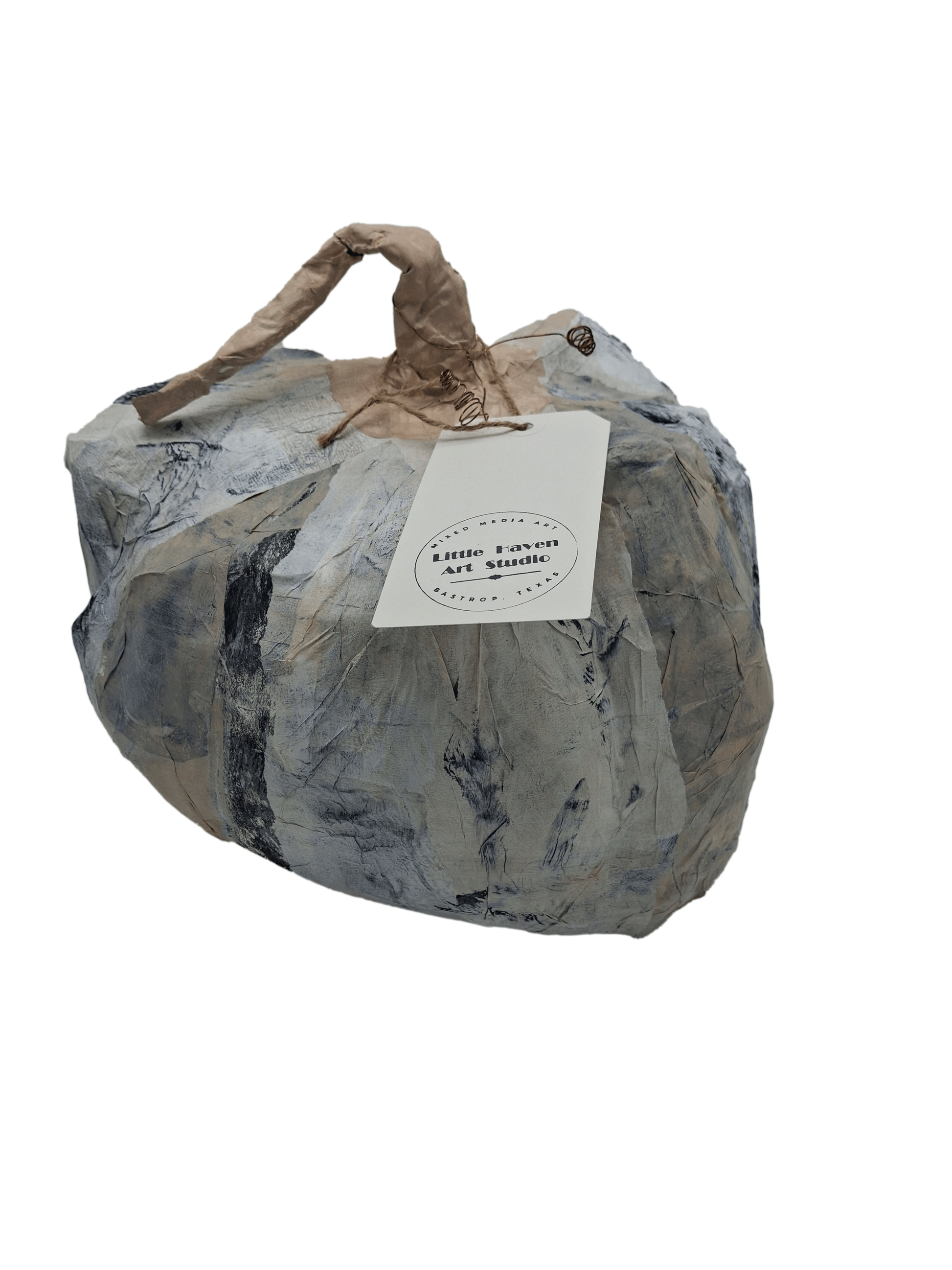 Original mixed media pumpkin seasonal art decor by Little Haven Art Studio in beige, blue, white. By artist Amanda Craig.