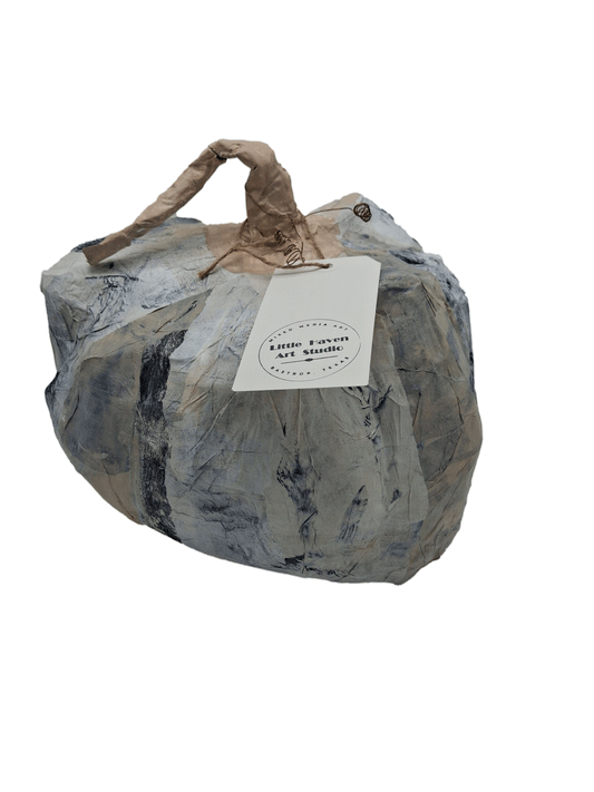 Original mixed media pumpkin seasonal art decor by Little Haven Art Studio in beige, blue, white. By artist Amanda Craig.