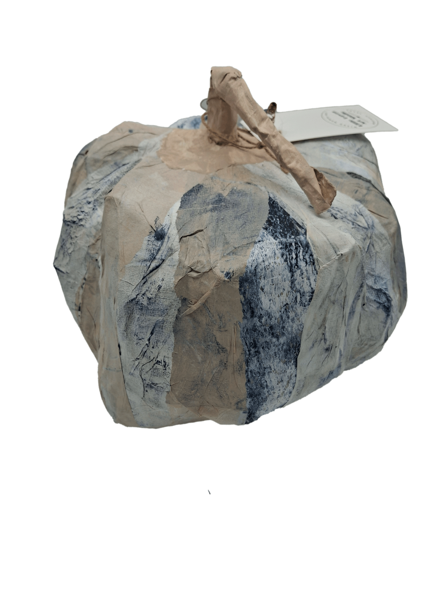Original mixed media pumpkin seasonal art decor by Little Haven Art Studio in beige, blue, white. By artist Amanda Craig.