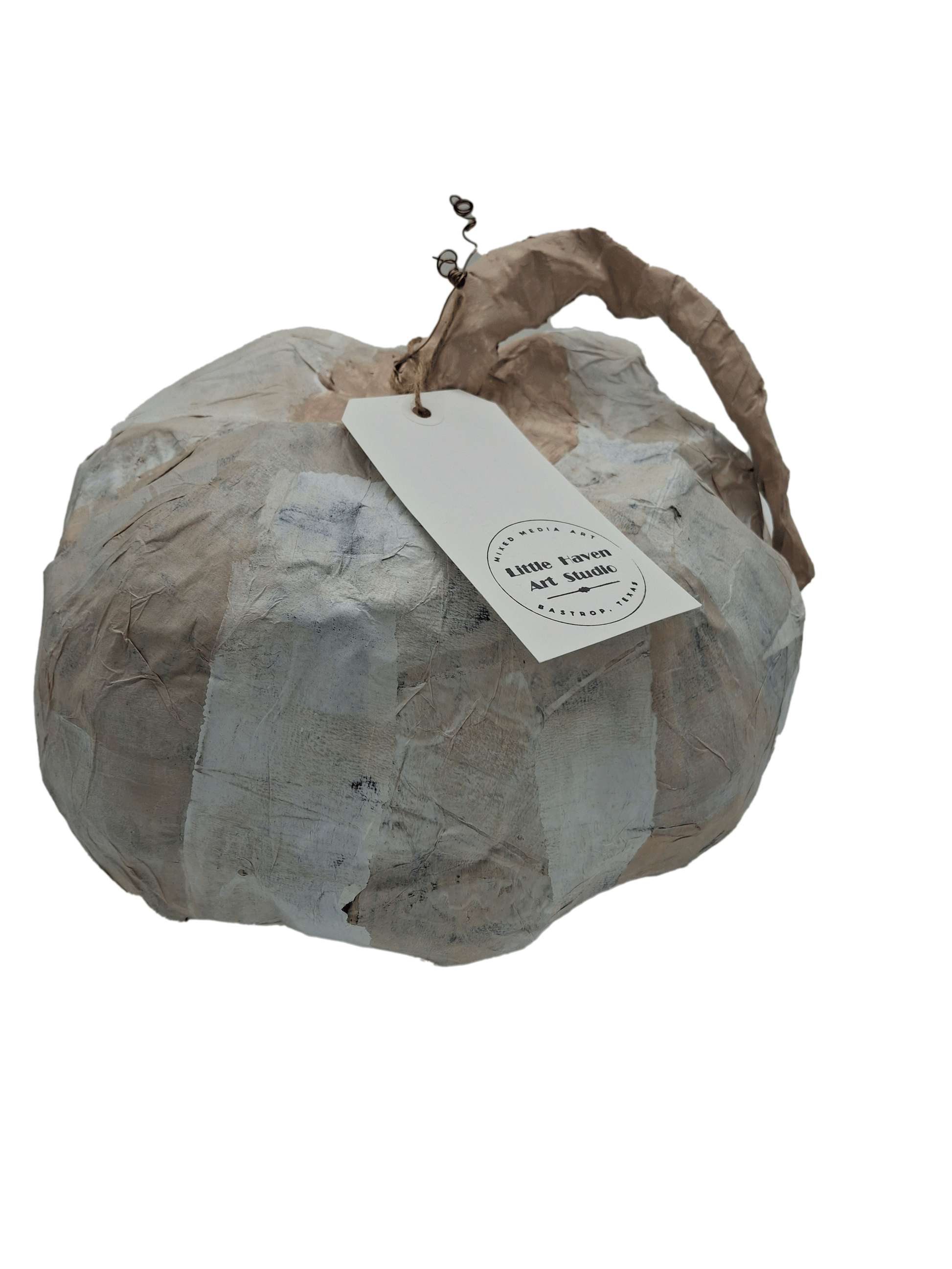 Original mixed media pumpkin seasonal art decor by Little Haven Art Studio in beige, white. By artist Amanda Craig.