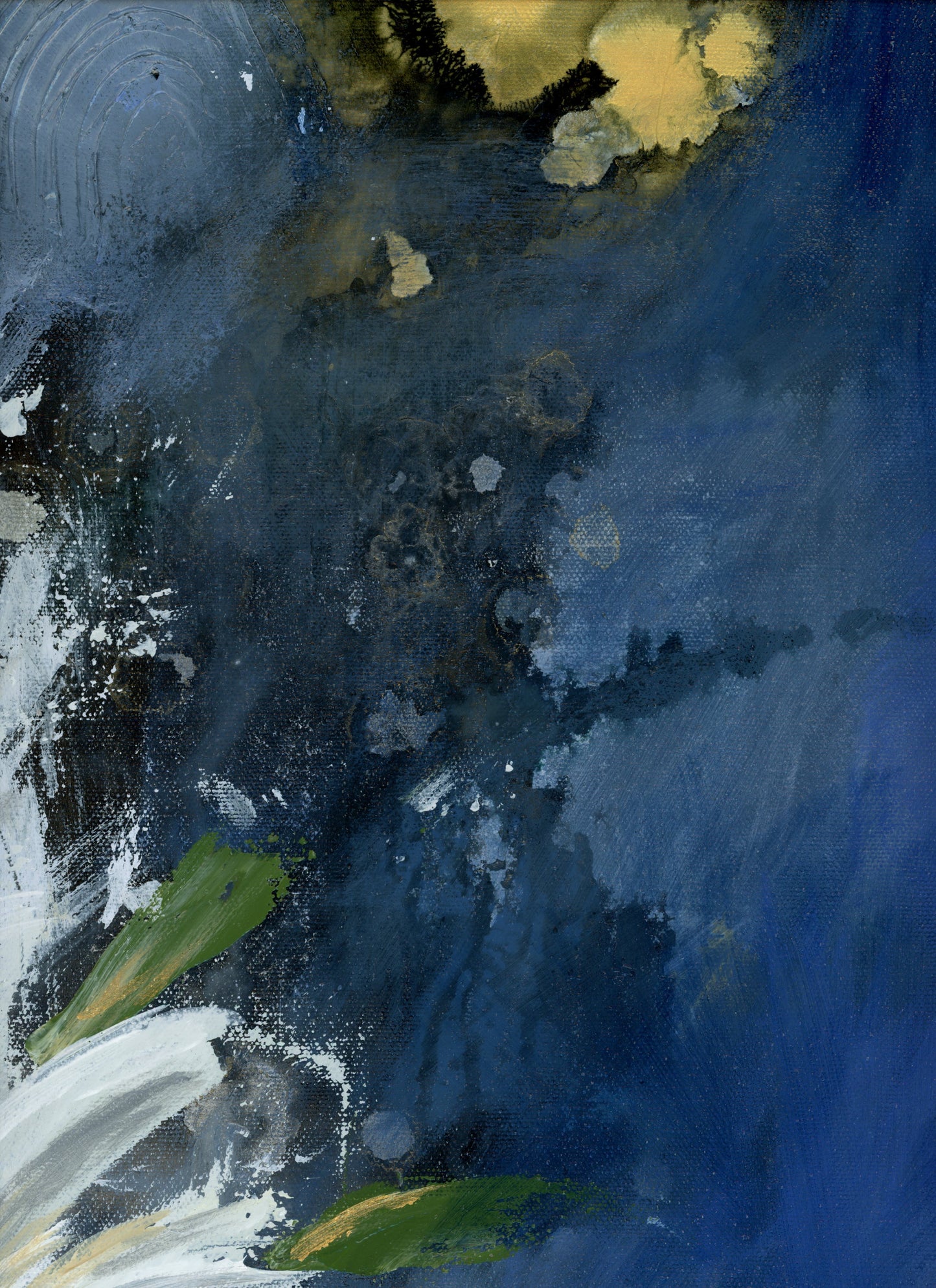 Detail of original floral mixed media painting on abstract background titled, "Magnify Together," by Amanda Craig of Little Haven Art Studio, in sapphire blue, emerald green, grey, white, and metallic gold.