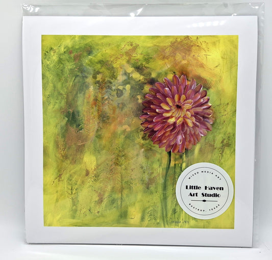 Fine art print of "Endurance" by Amanda Craig of Little Haven Art Studio featuring a peach, pink, and gold dahlia on an abstract citrine, green, and gold background.