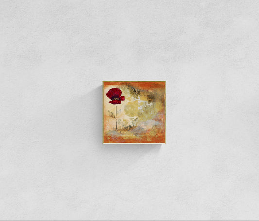 Original floral mixed media painting on abstract background titled, "Eternal Story," by Amanda Craig of Little Haven Art Studio, in amber, gray, umber, and metallic gold, with gold tone floating frame.