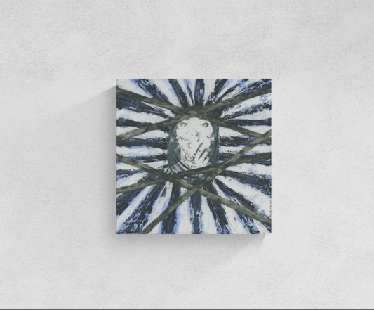 Original meditative blue abstract wall art, titled "Fighting for Freedom" by Little Haven Art Studio, in dark blue, light blue, black, white and depicting a silenced face with hand over mouth.