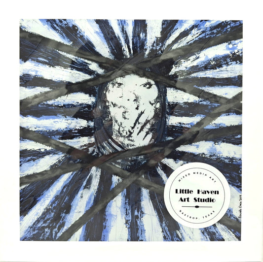 Print of mixed media wall art, titled "Fighting for Freedom" by Little Haven Art Studio, of an abstract face depicting a silent cry in black, blue, and white.