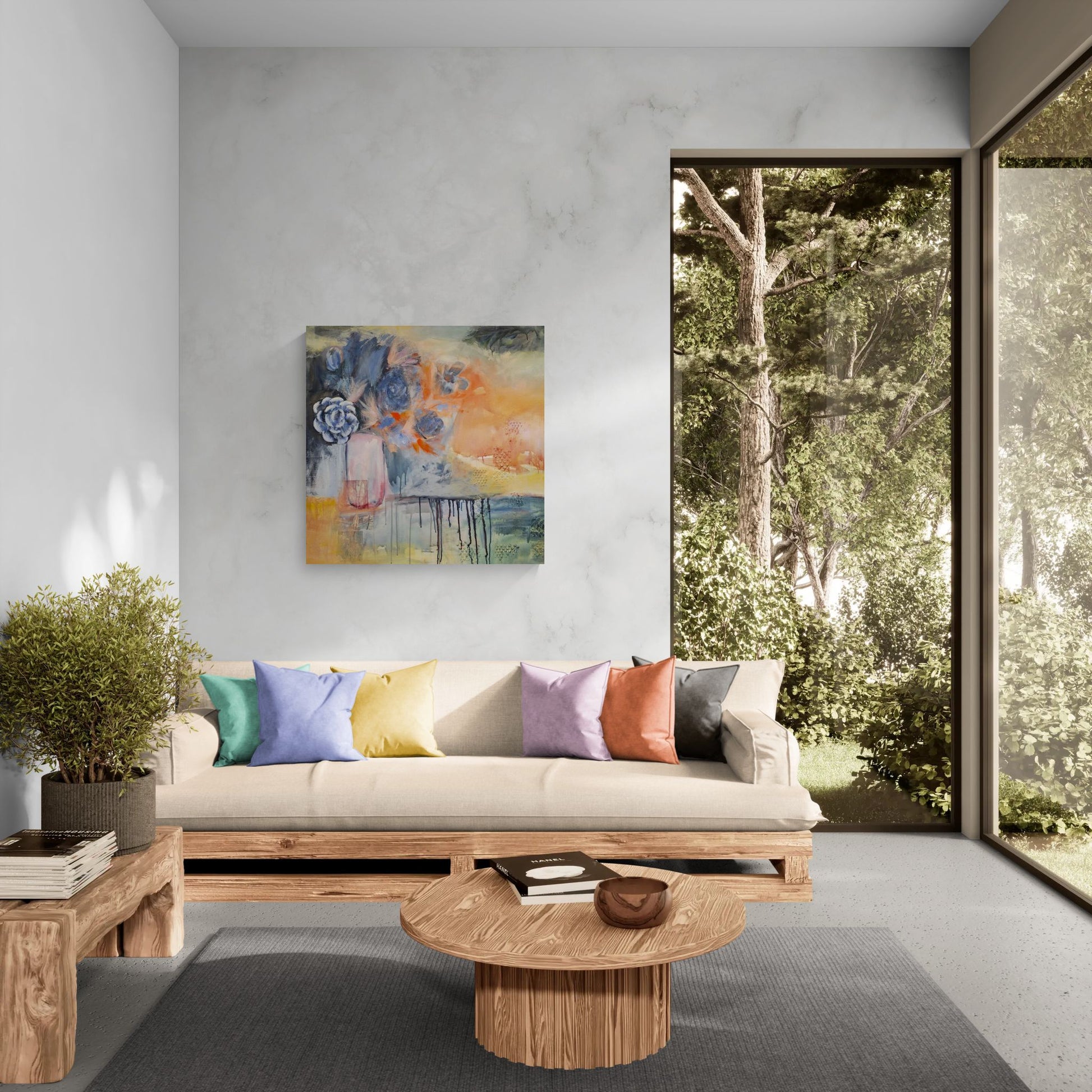"Finding Joy" bright wall art in blue, orange, red, teal, and pink, in modern living room with large windows, by Amanda Craig of Little Haven Art Studio.