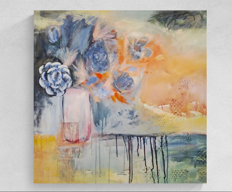 "Finding Joy" bright canvas wall art in blue, orange, red, pink, and teal by Amanda Craig of Little Haven Art Studio.