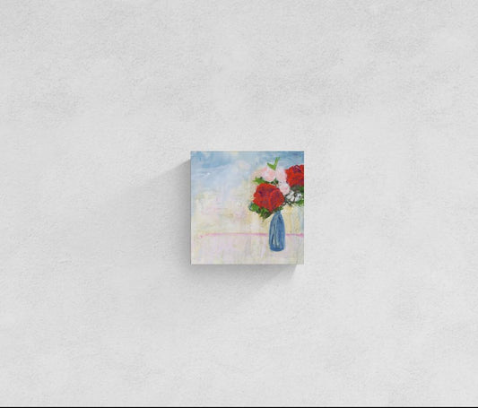 Original mixed media art by Little Haven Art Studio depicting romantic roses in pink, red, and blue. By Amanda Craig.