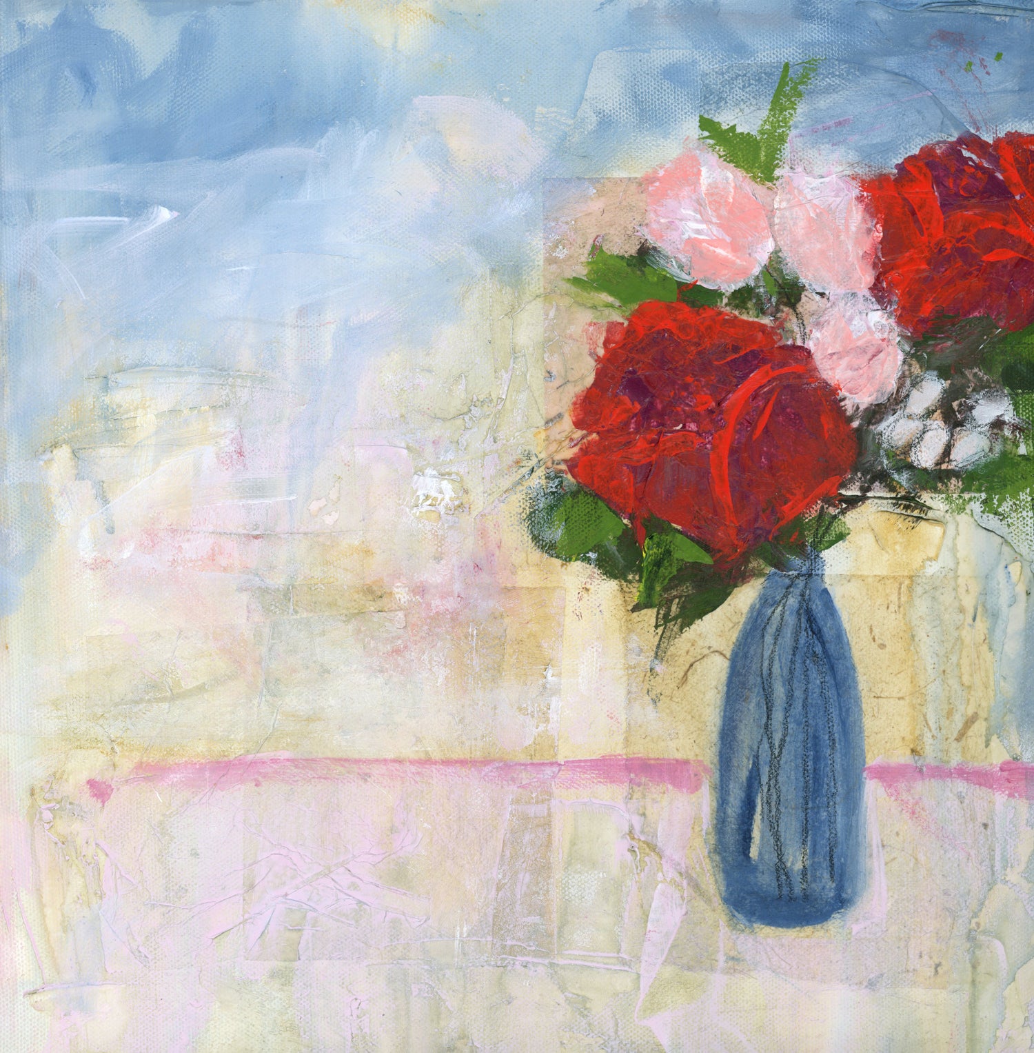 Original mixed media art by Little Haven Art Studio depicting romantic roses in pink, red, and blue. By Amanda Craig.