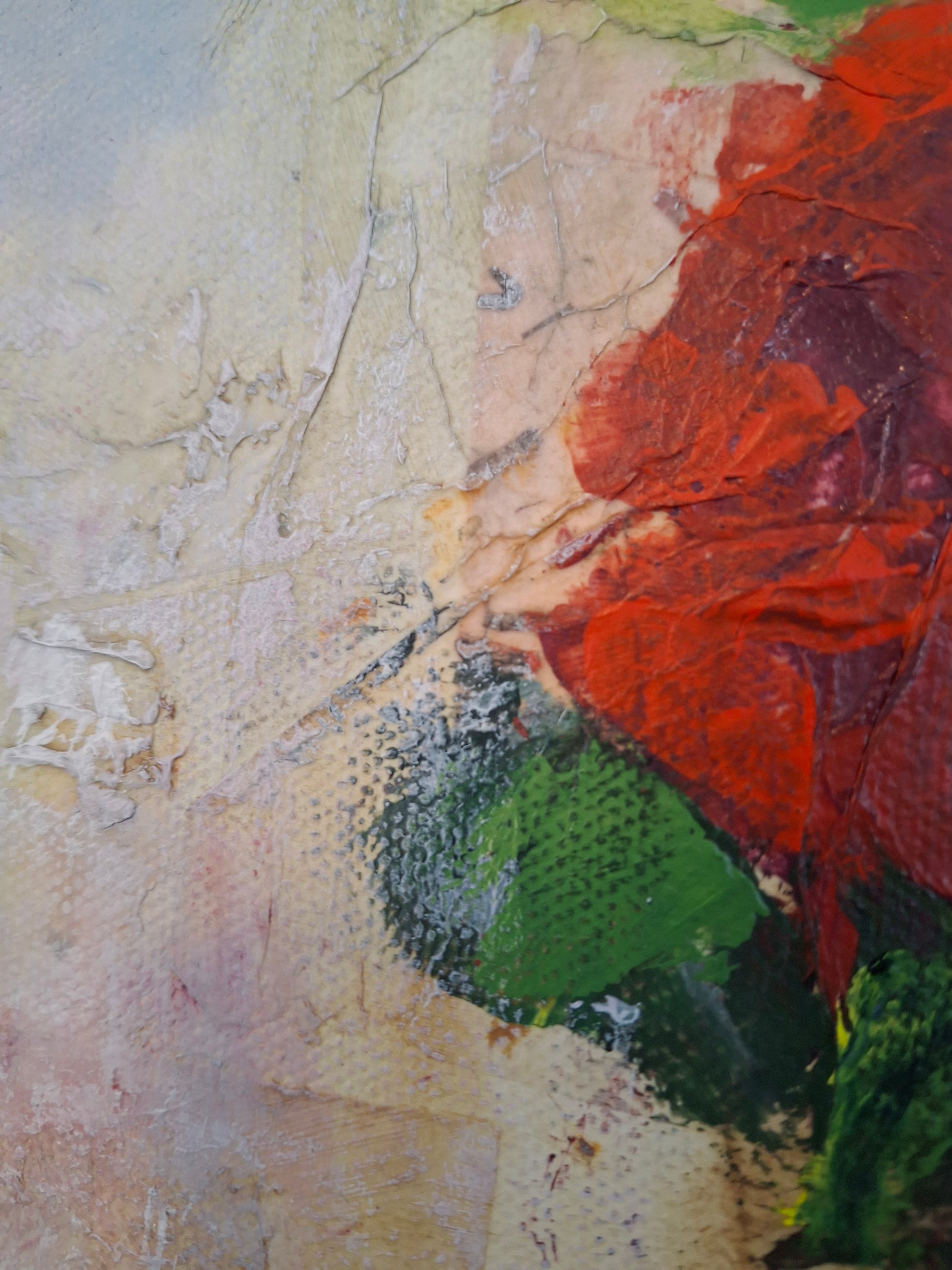 Detail of original mixed media art by Little Haven Art Studio depicting romantic roses in pink, red, and blue. By Amanda Craig.