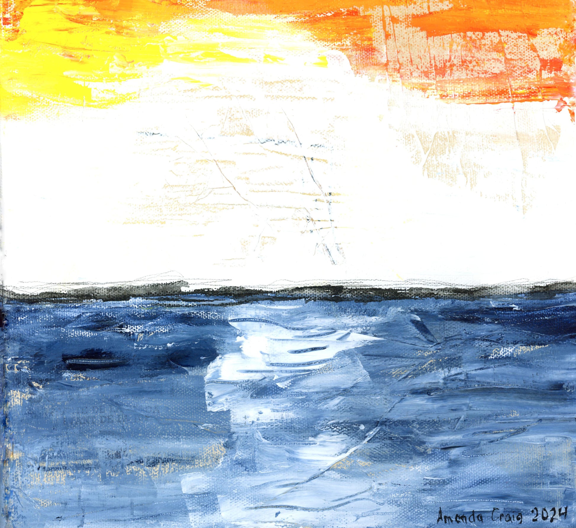 Original abstract mixed media painting of a sunset over water with orange, yellow, and blue colors by Little Haven Art Studio.