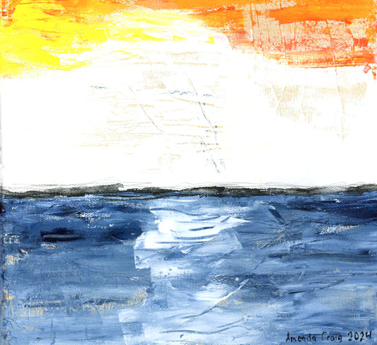 Original abstract mixed media painting of a sunset over water with orange, yellow, and blue colors by Little Haven Art Studio.