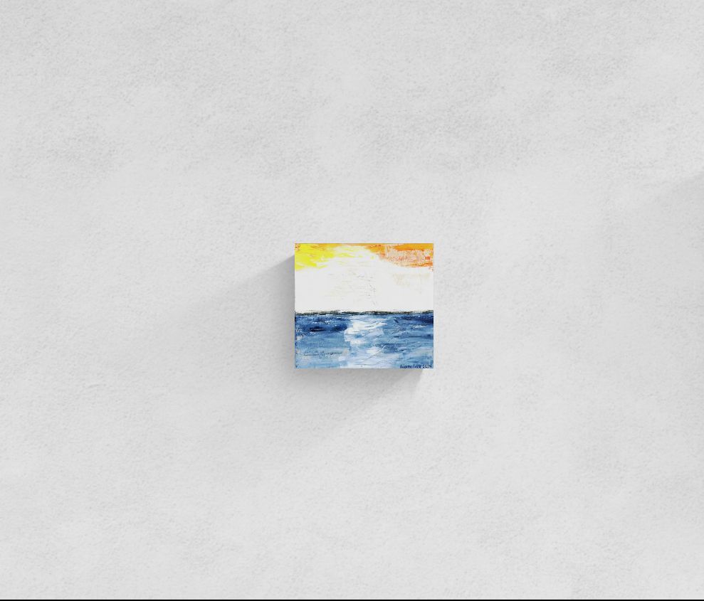"Glow" is original abstract canvas wall art of a sunset sky over the ocean in orange, yellow, and blue, by Little Haven Art Studio.