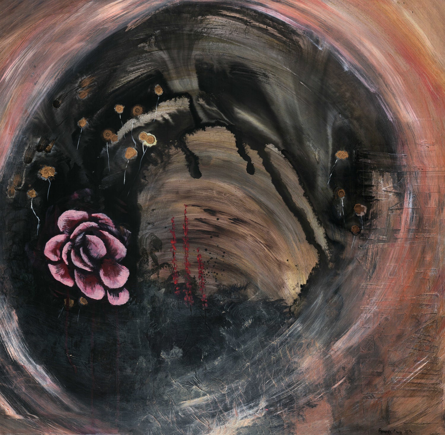 Abstract original mixed media painting by Little Haven Art Studio with a pink flower, gold dandelions, and swirling background.