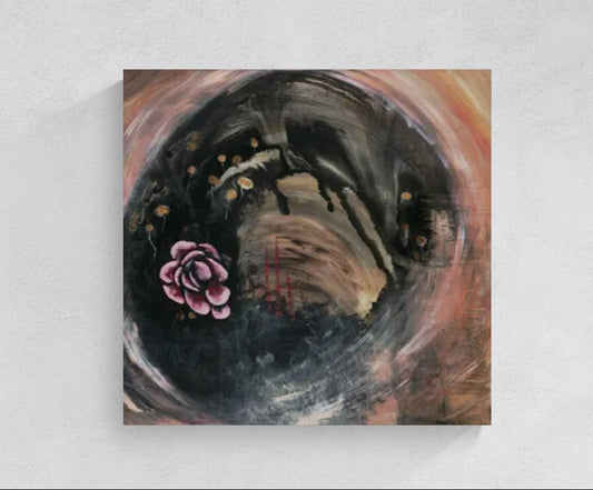 Abstract original meditative pink wall art, titled "Gold Dandelion" by Little Haven Art Studio with a pink flower, gold dandelions, and swirling background.