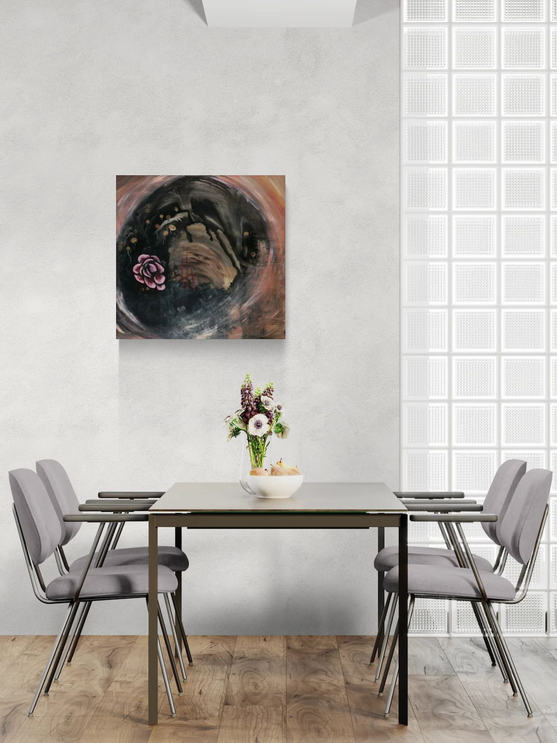 Abstract original meditative pink wall art, titled "Gold Dandelion" by Little Haven Art Studio with a pink flower, gold dandelions, and swirling background hanging in brightly lit modern dining room.