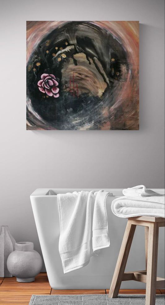 Abstract original meditative pink wall art, titled "Gold Dandelion" by Little Haven Art Studio with a pink flower, gold dandelions, and swirling background hanging in modern bathroom above bathtub.