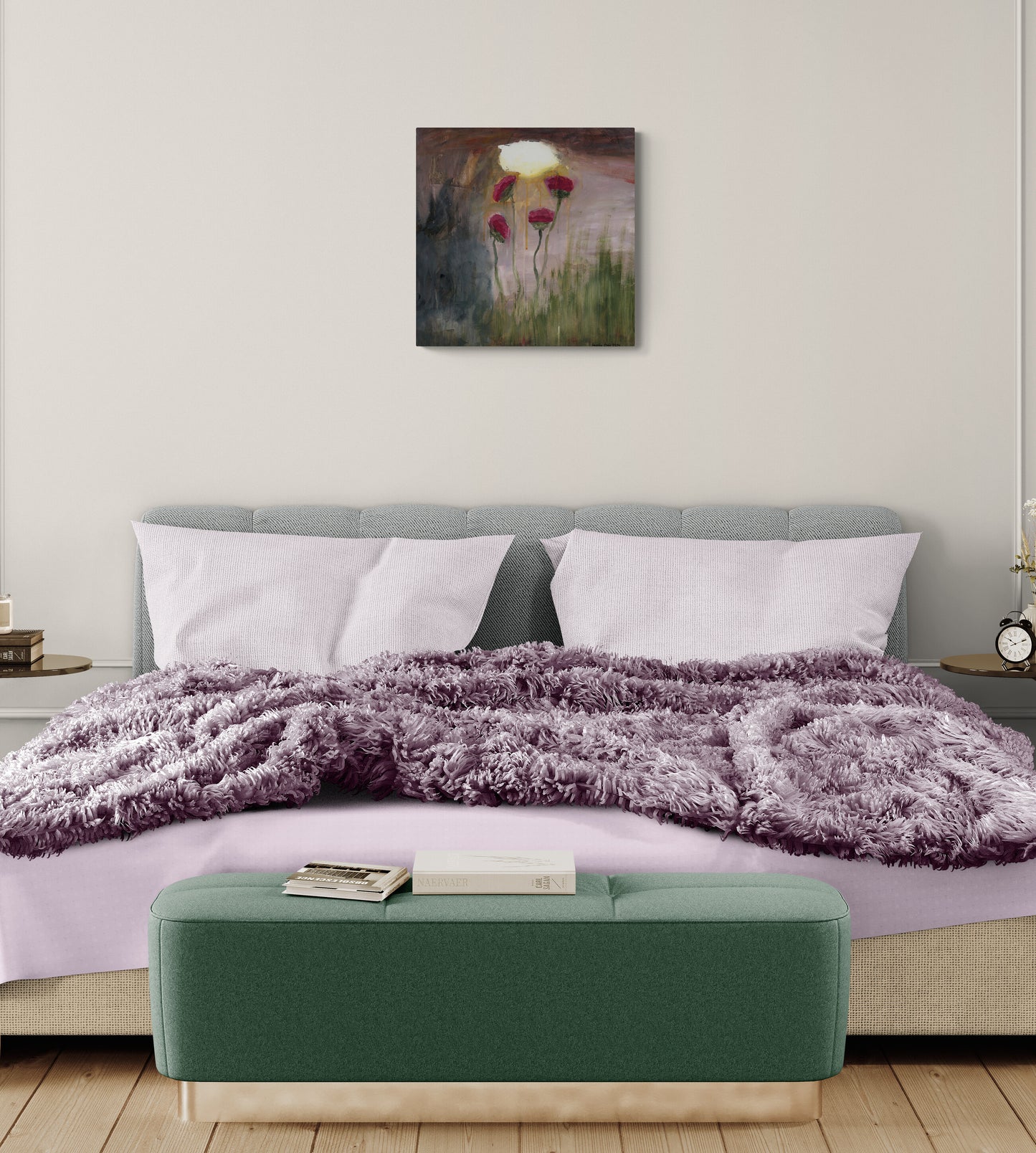 Original pink impressionism mixed media art, Golden Splendor by Amanda Craig, of pink flowers under a rainy sky with an illuminated cloud, hanging on wall in bedroom.