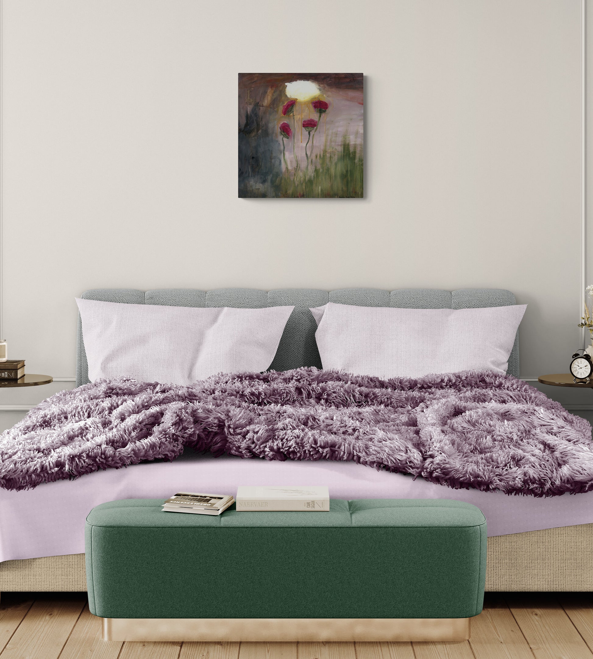 Original pink impressionism mixed media art, Golden Splendor by Amanda Craig, of pink flowers under a rainy sky with an illuminated cloud, hanging on wall in bedroom.