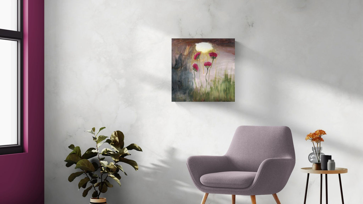Original pink impressionism wall art, Golden Splendor by Amanda Craig, of pink flowers under a rainy sky with an illuminated cloud, hanging on wall above grey chair.