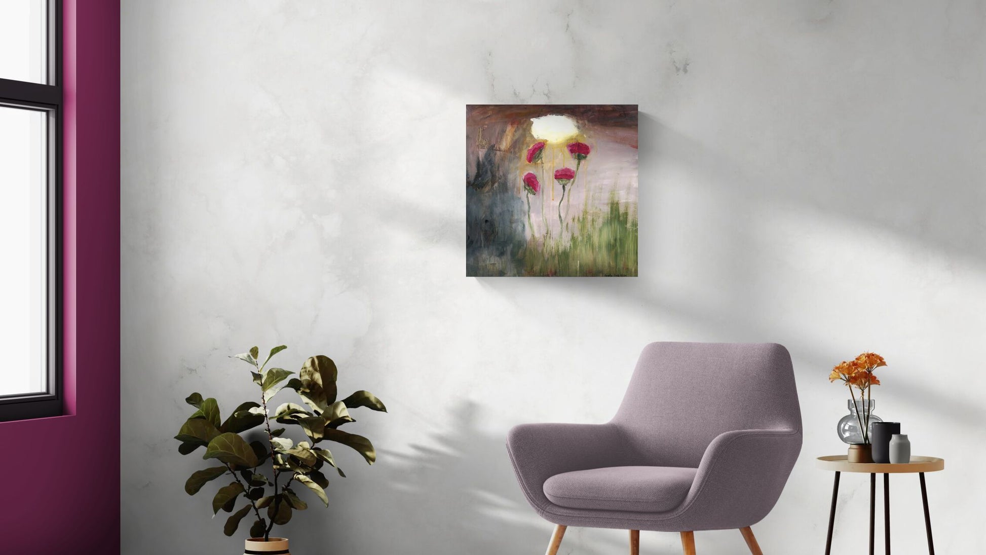 Original pink impressionism wall art, Golden Splendor by Amanda Craig, of pink flowers under a rainy sky with an illuminated cloud, hanging on wall above grey chair.