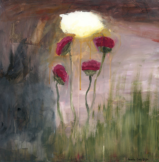 Original landscape mixed media art. Flowers under a rainy sky. By Amanda Craig.