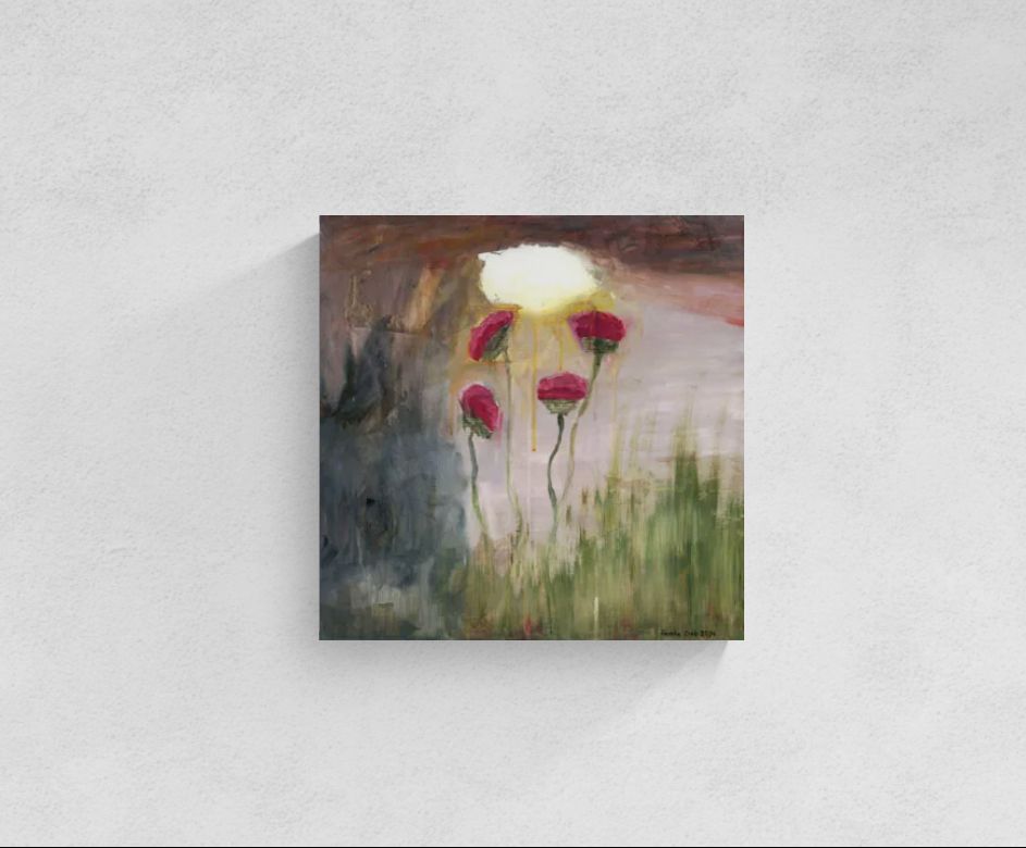 Original pink impressionism pink wall art, titled "Golden Splendor" by Amanda Craig, of pink flowers under a rainy sky with an illuminated cloud.