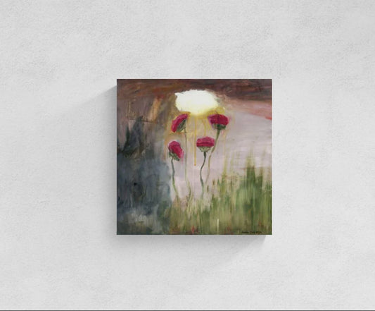 Original pink impressionism pink wall art, titled "Golden Splendor" by Amanda Craig, of pink flowers under a rainy sky with an illuminated cloud.