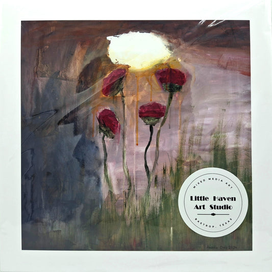 Golden Splendor print image of pink flowers under a rainy sky with an illuminated cloud by Amanda Craig of Little Haven Art Studio.