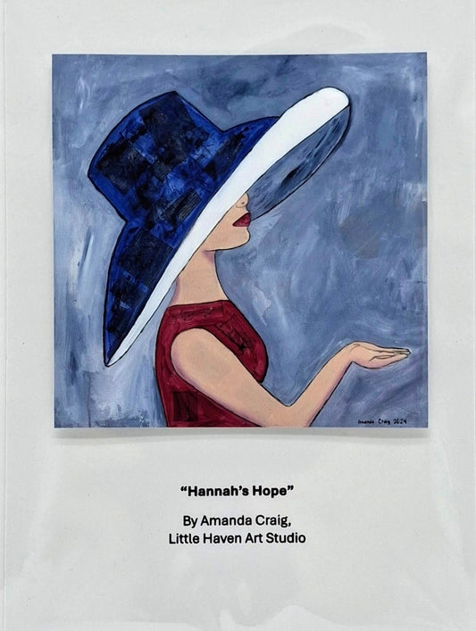Print on card of painting titled "Hannah's Hope" by Little Haven Art Studio. Inspired by Hannah of 1 Samuel, with a modern twist, in blue, red, and white.