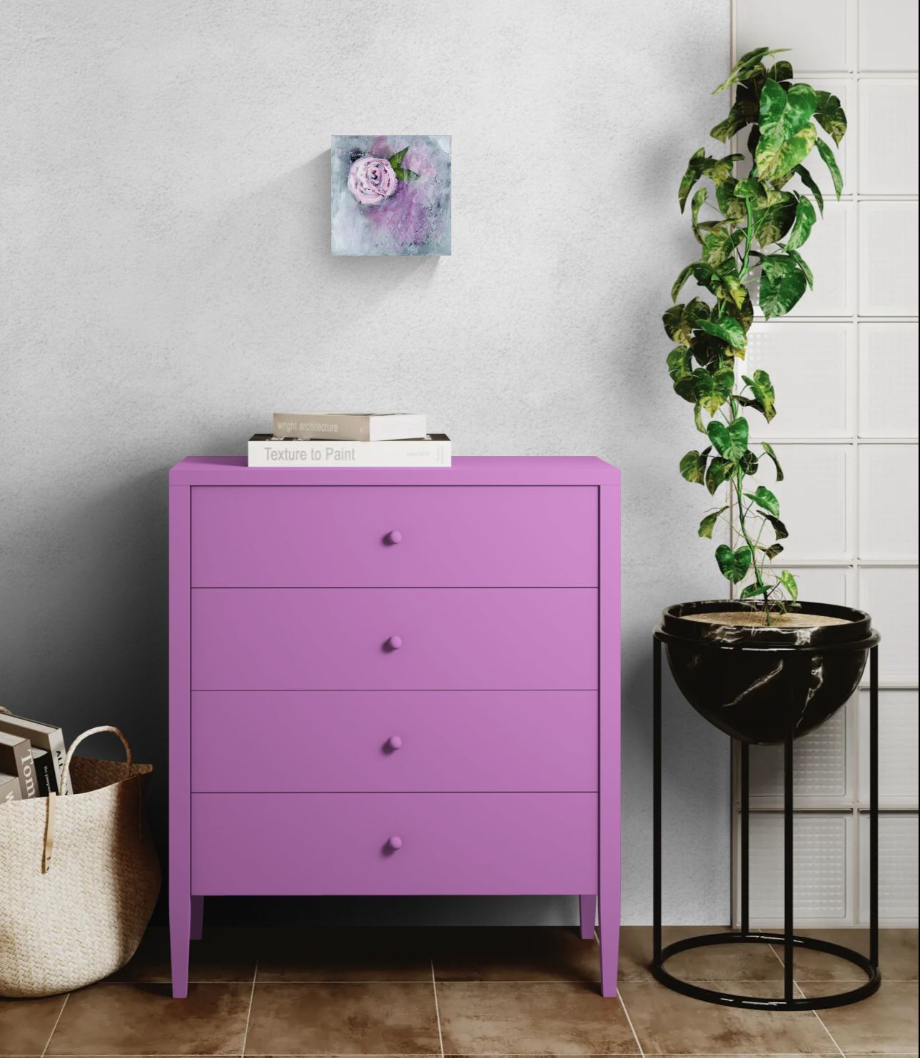 Dreamy pink floral abstract impressionism mixed media canvas wall art, titled "Held," by Amanda Craig in pink, purple, green, gray, white in bedroom above purple dresser and next to tall plant.