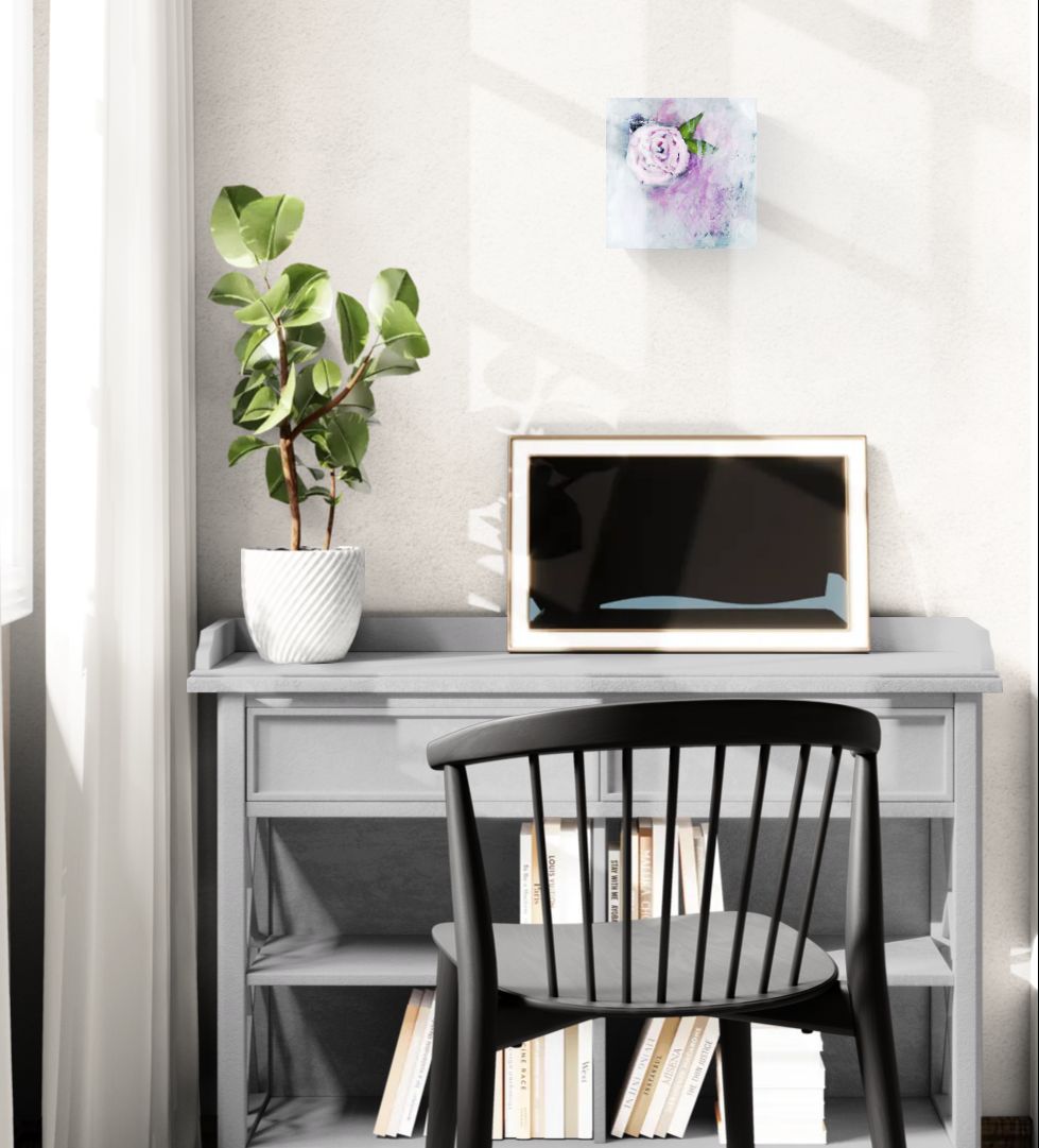 Dreamy pink floral abstract impressionism mixed media canvas wall art, titled "Held," by Amanda Craig in pink, purple, green, gray, white hanging in office above gray desk.